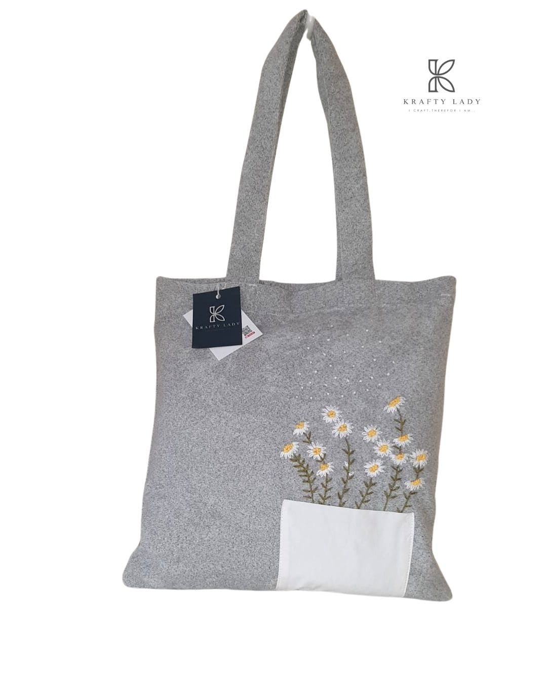 Grey Daisy Embroidered Tote Bag – Soft Fabric with White Pocket & Floral Detailing