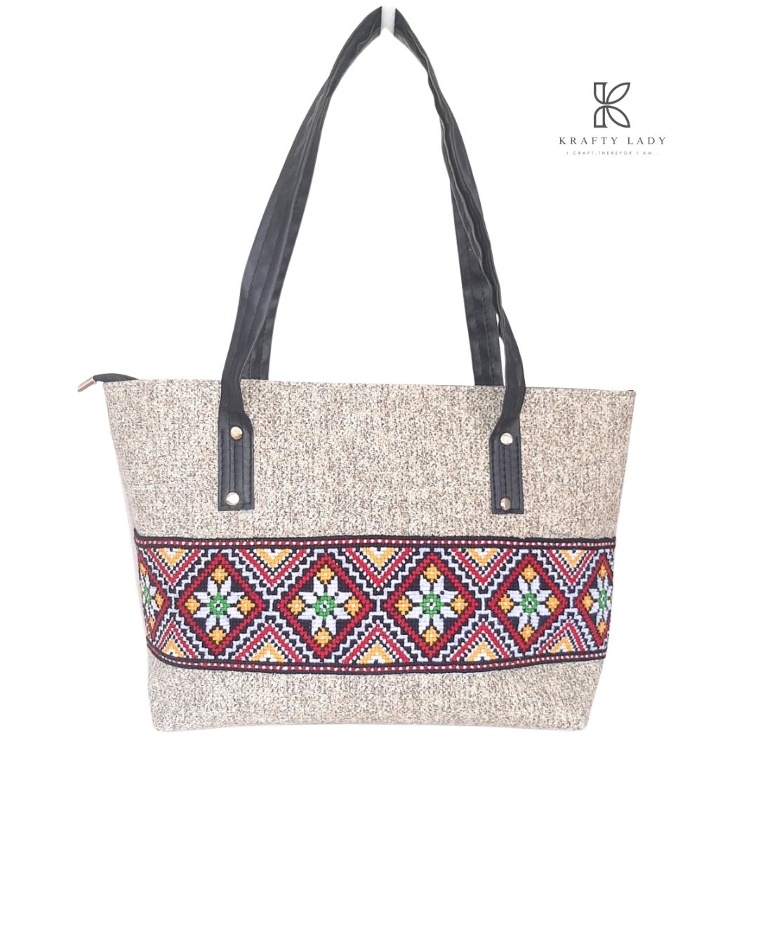 Canvas Bloom – Cream Bag with Multicolor Embroidery & Black Strap