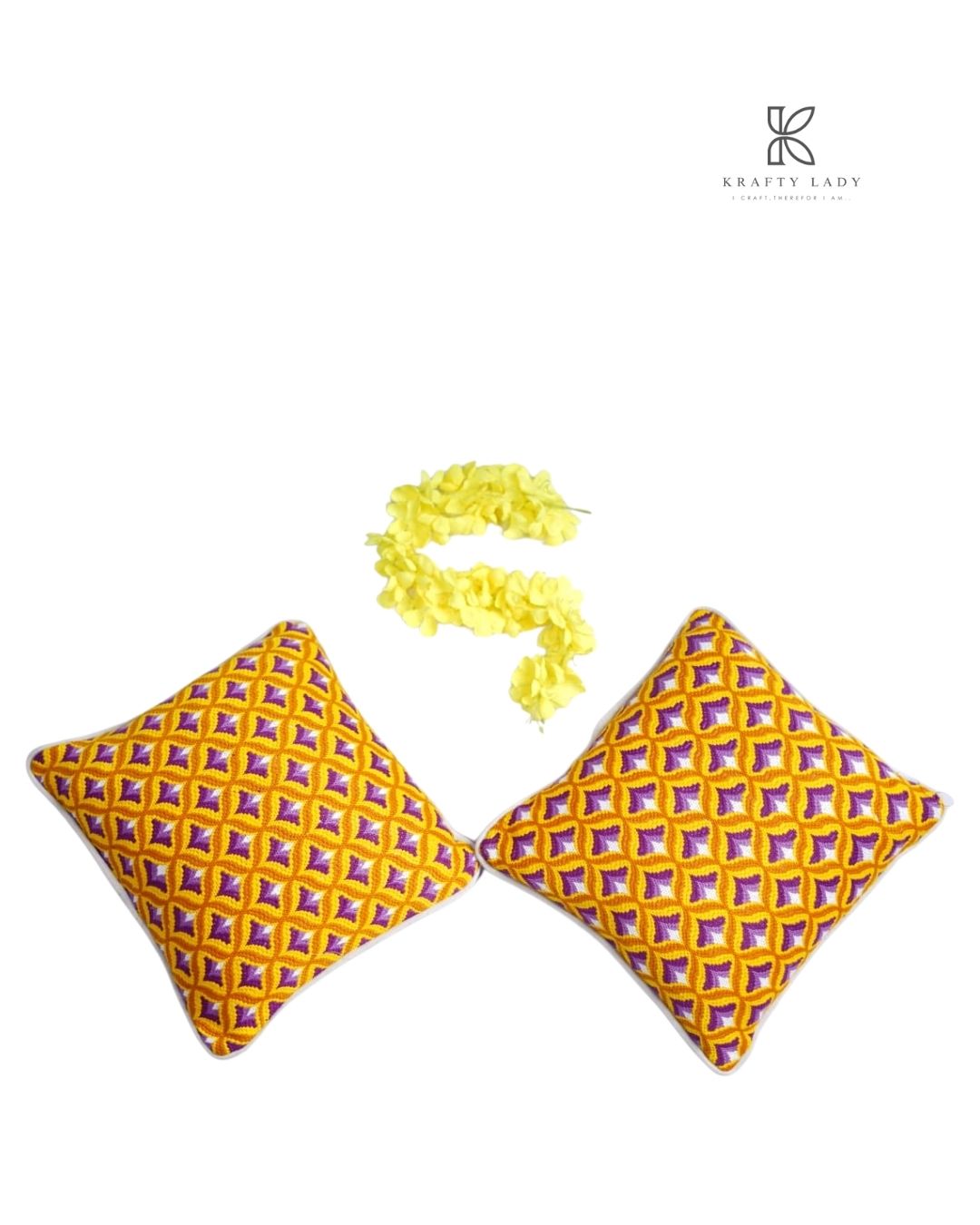 Golden Lattice Hand-Embroidered Cushion Pair