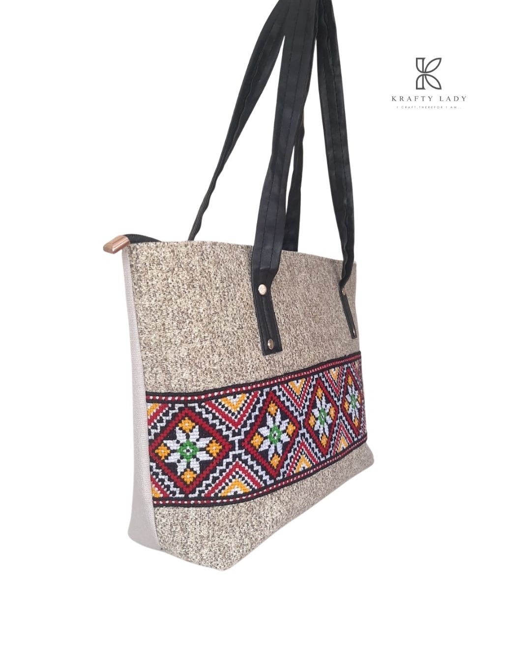 Canvas Bloom – Cream Bag with Multicolor Embroidery & Black Strap