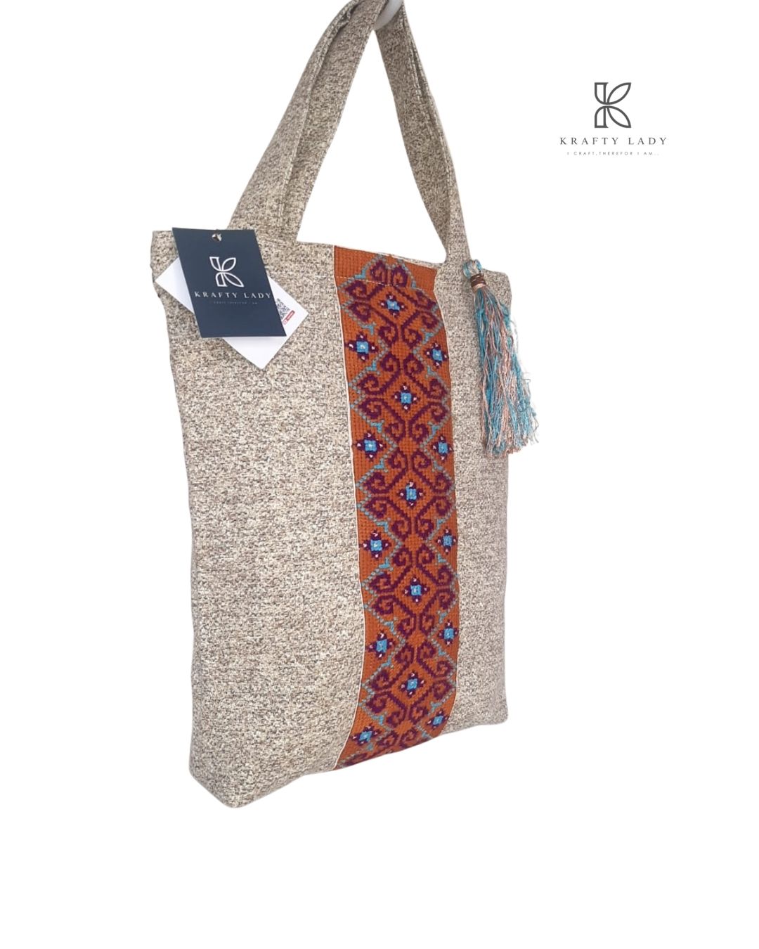 Brown Base Tote – Hand Embroidered Traditional Design on High Quality Fabric