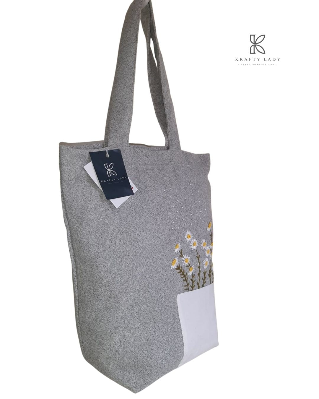 Grey Daisy Embroidered Tote Bag – Soft Fabric with White Pocket & Floral Detailing