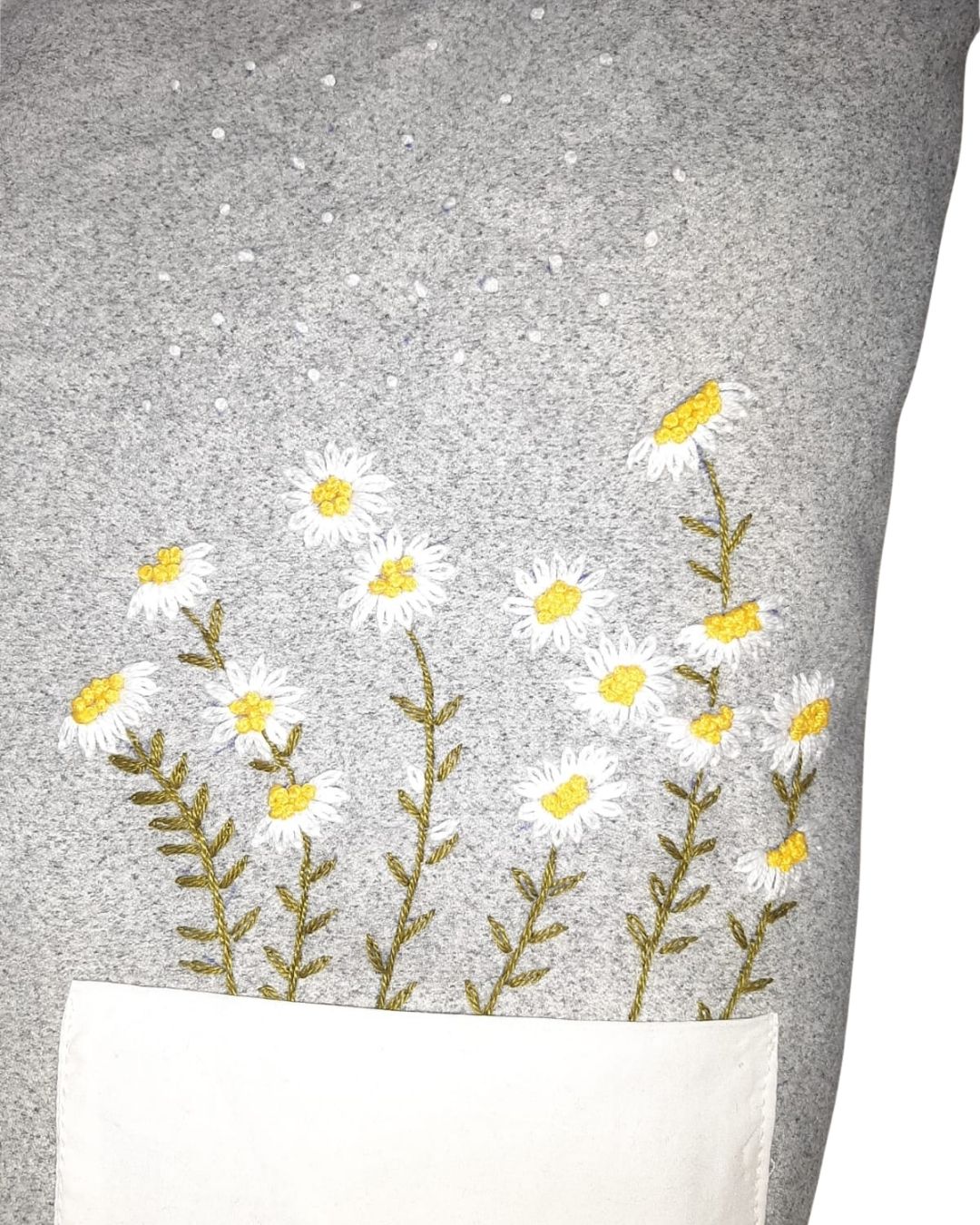 Grey Daisy Embroidered Tote Bag – Soft Fabric with White Pocket & Floral Detailing