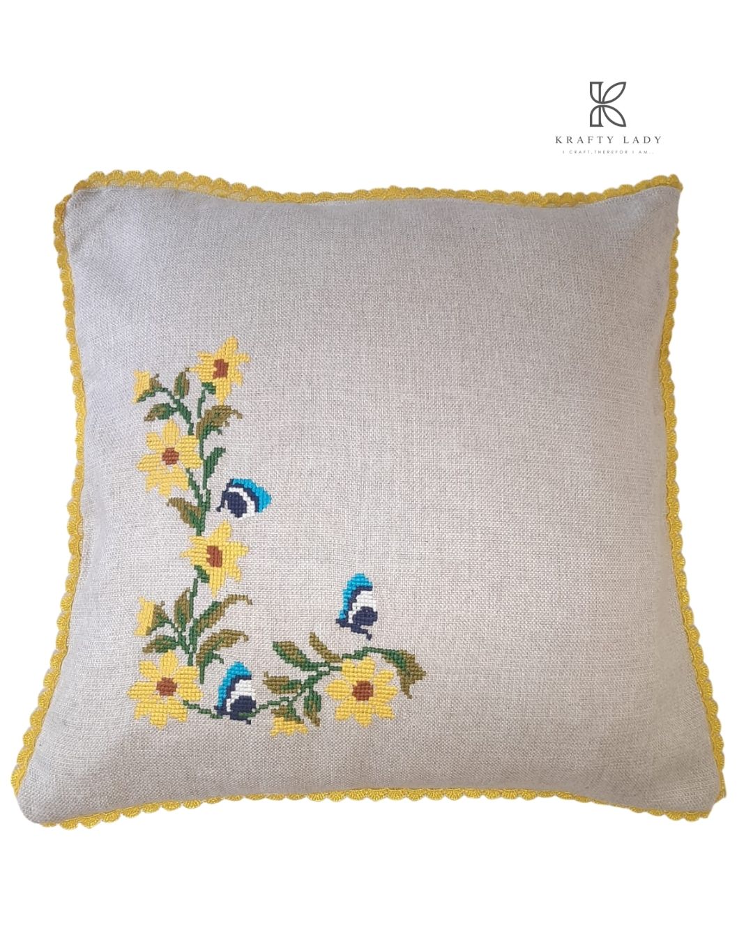 Golden Bloom Hand-Embroidered Cushion