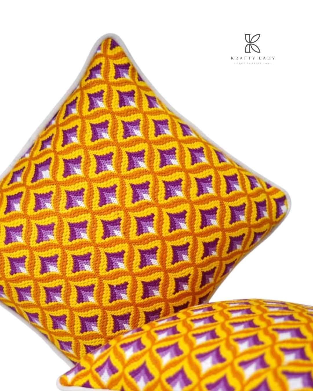 Golden Lattice Hand-Embroidered Cushion Pair