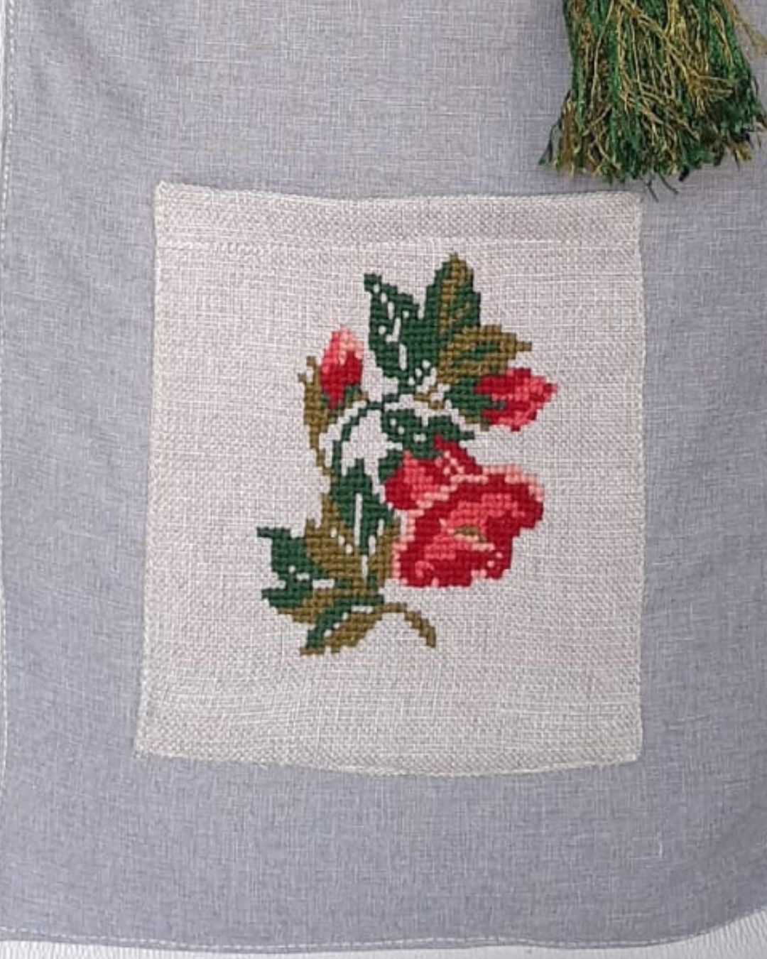 Elegant Floral Embroidered Tote Bag – Soft Grey & Cream with Rose Pocket Detail