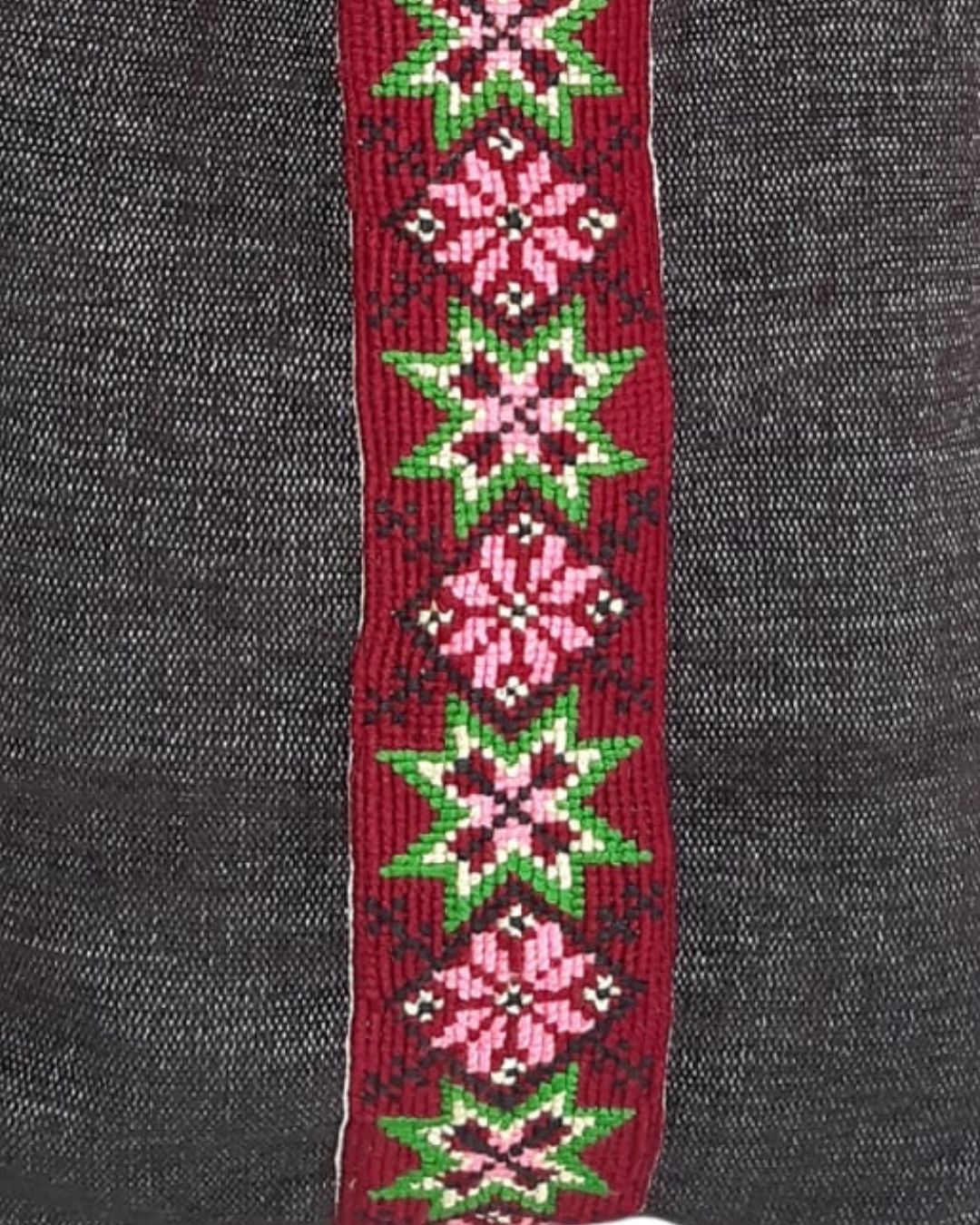 Dark Handwoven Tote Bag with Traditional Geometric Embroidery – Red & Green Accents