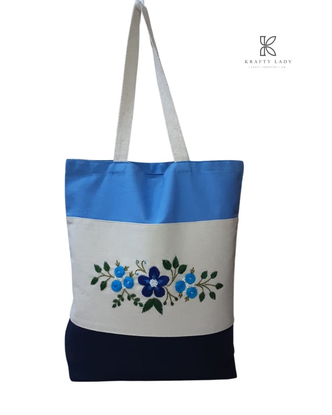 Blue Blossom Hand-Embroidered Tote Bag