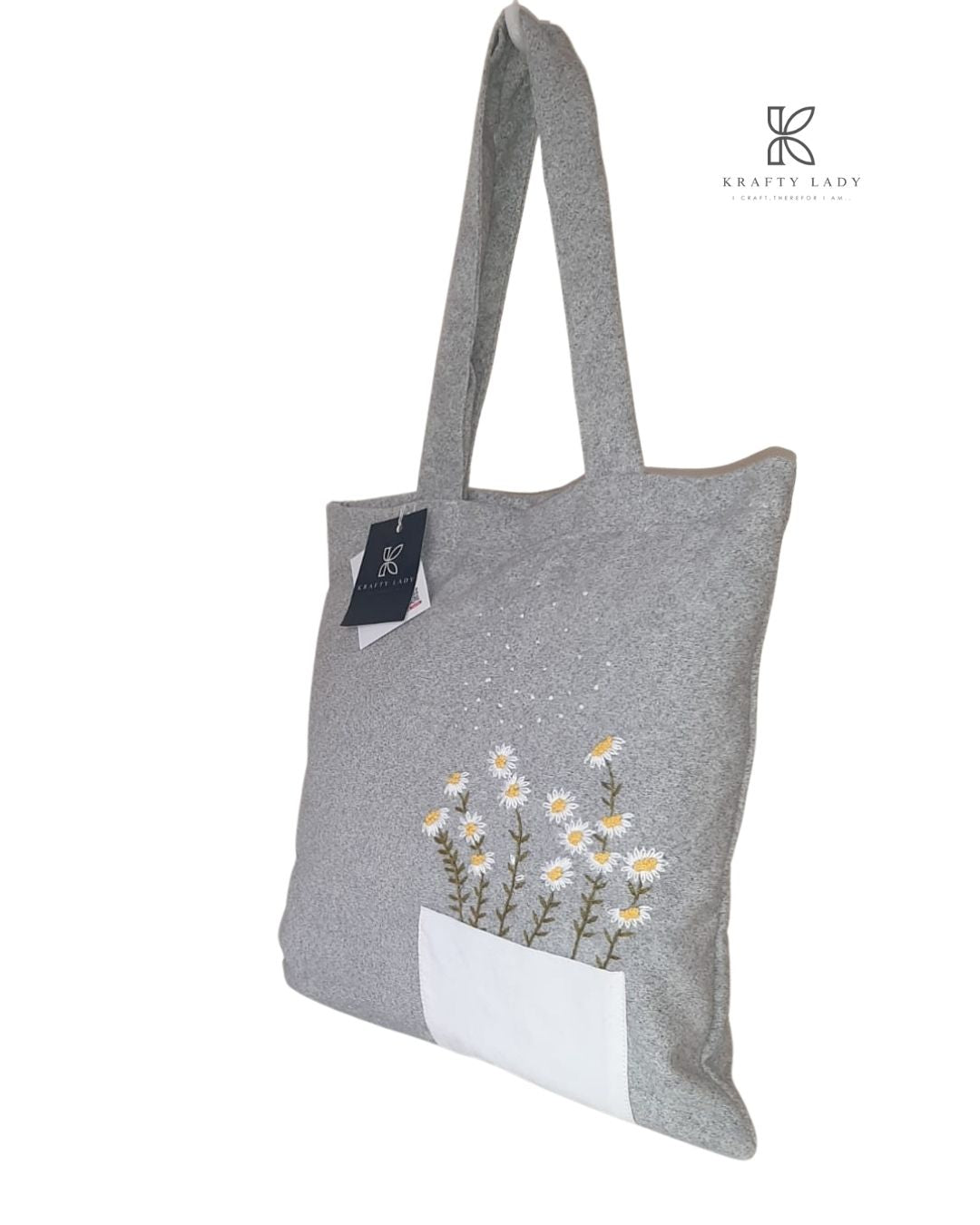 Grey Daisy Embroidered Tote Bag – Soft Fabric with White Pocket & Floral Detailing