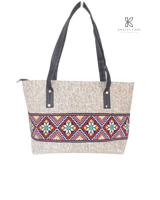 Canvas Bloom – Cream Bag with Multicolor Embroidery & Black Strap