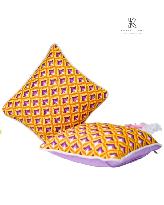 Golden Lattice Hand-Embroidered Cushion Pair