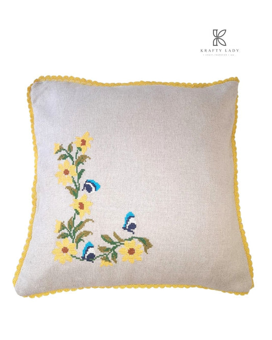 Golden Bloom Hand-Embroidered Cushion