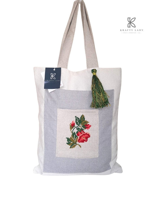 Elegant Floral Embroidered Tote Bag – Soft Grey & Cream with Rose Pocket Detail