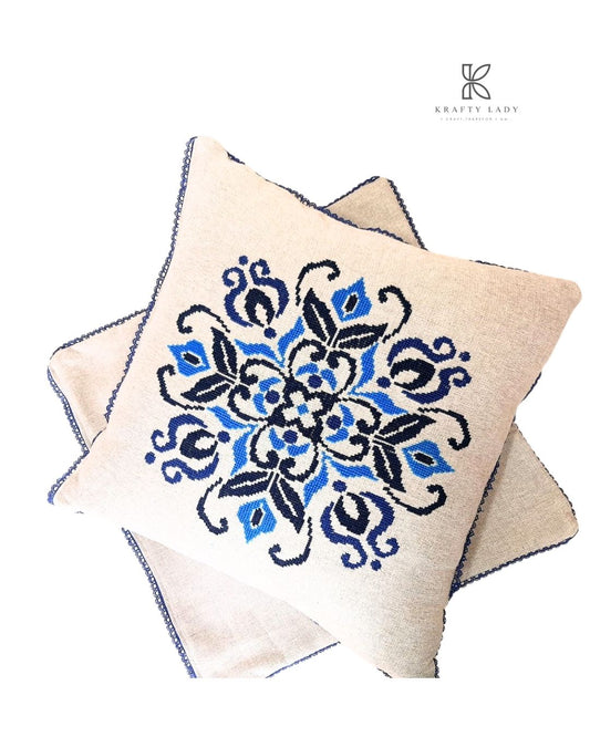 Midnight Blossom Hand-Embroidered Cushion Pair