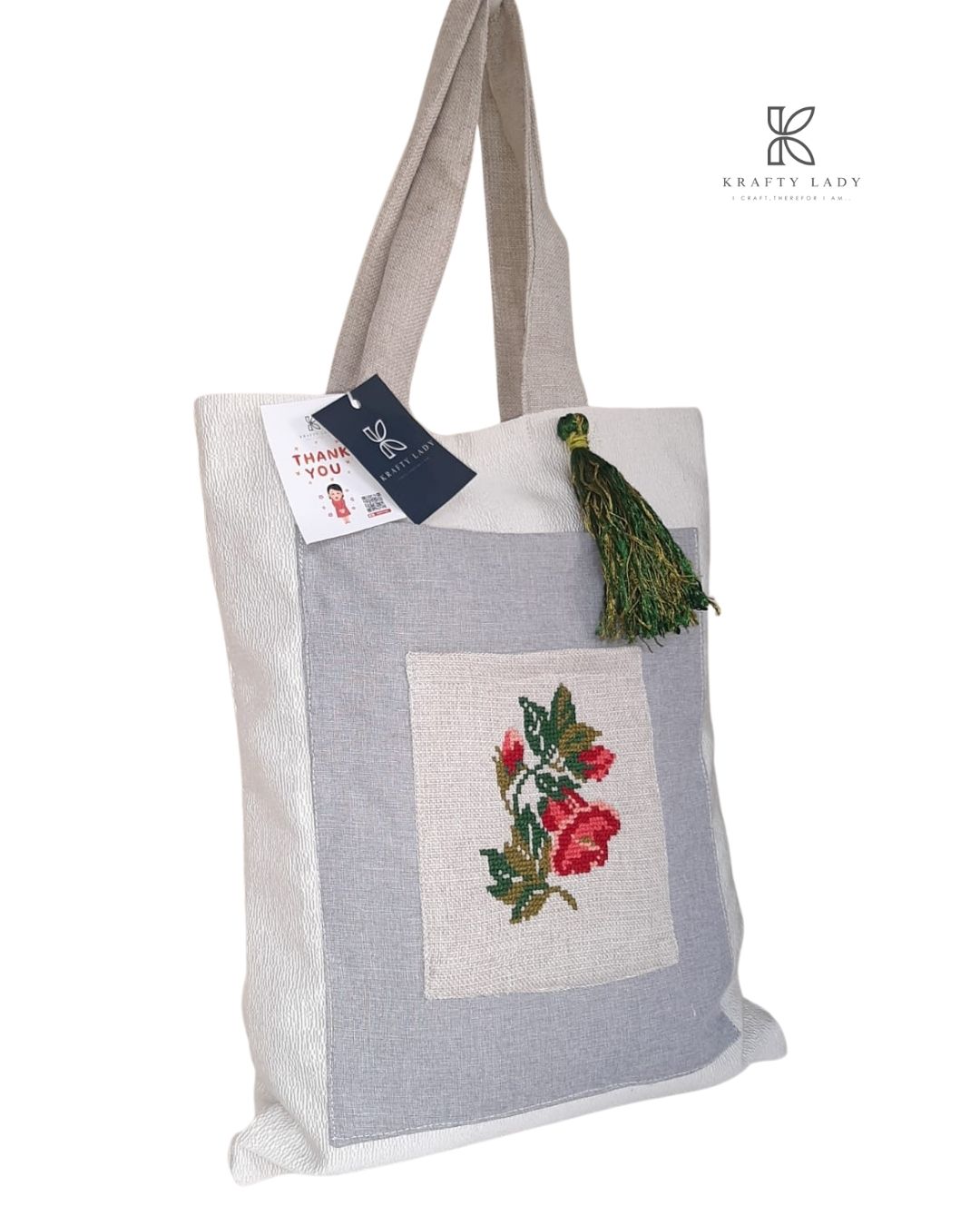Elegant Floral Embroidered Tote Bag – Soft Grey & Cream with Rose Pocket Detail