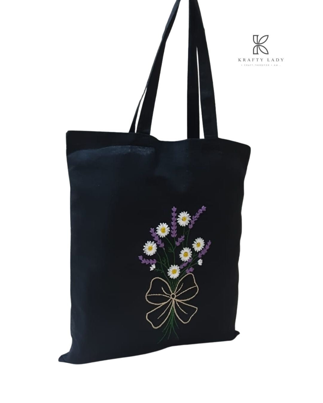 Black tote bag with floral design