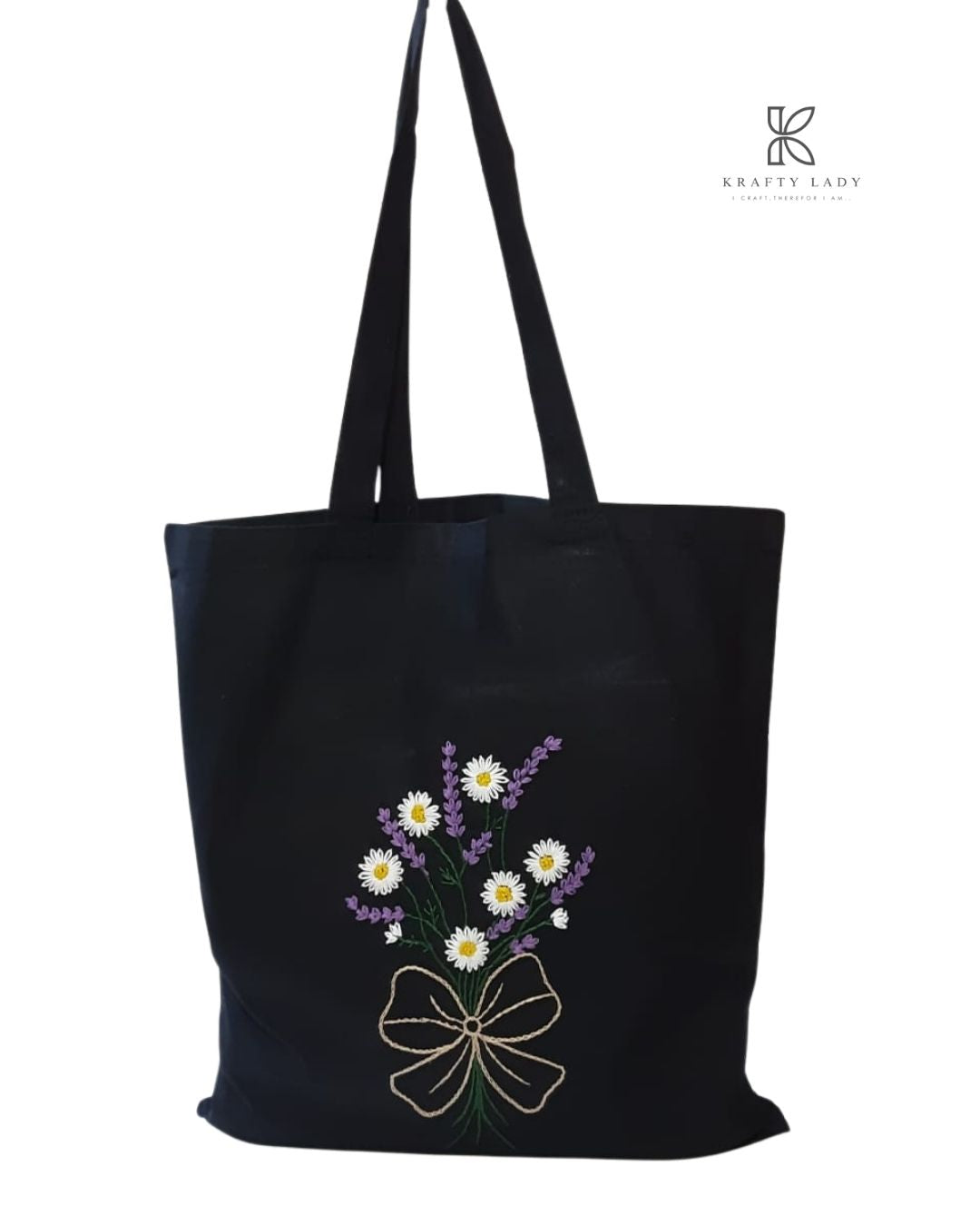 Black tote bag with floral design